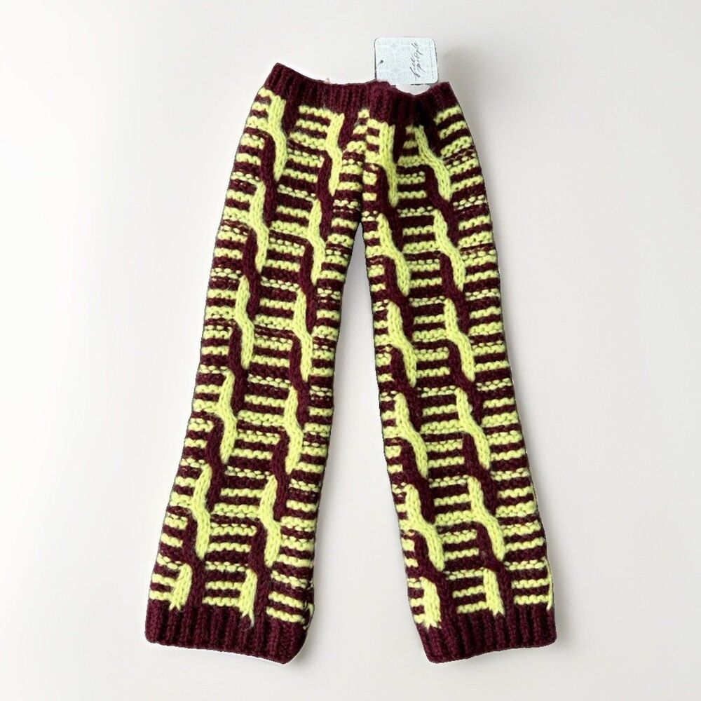 Free People Mariella Cable Knit Arm Warmers Maroon Yellow Fingerless Gloves NWT